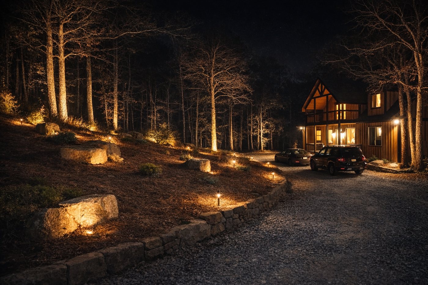 Cabin at night nestled in the woods with warm window glow