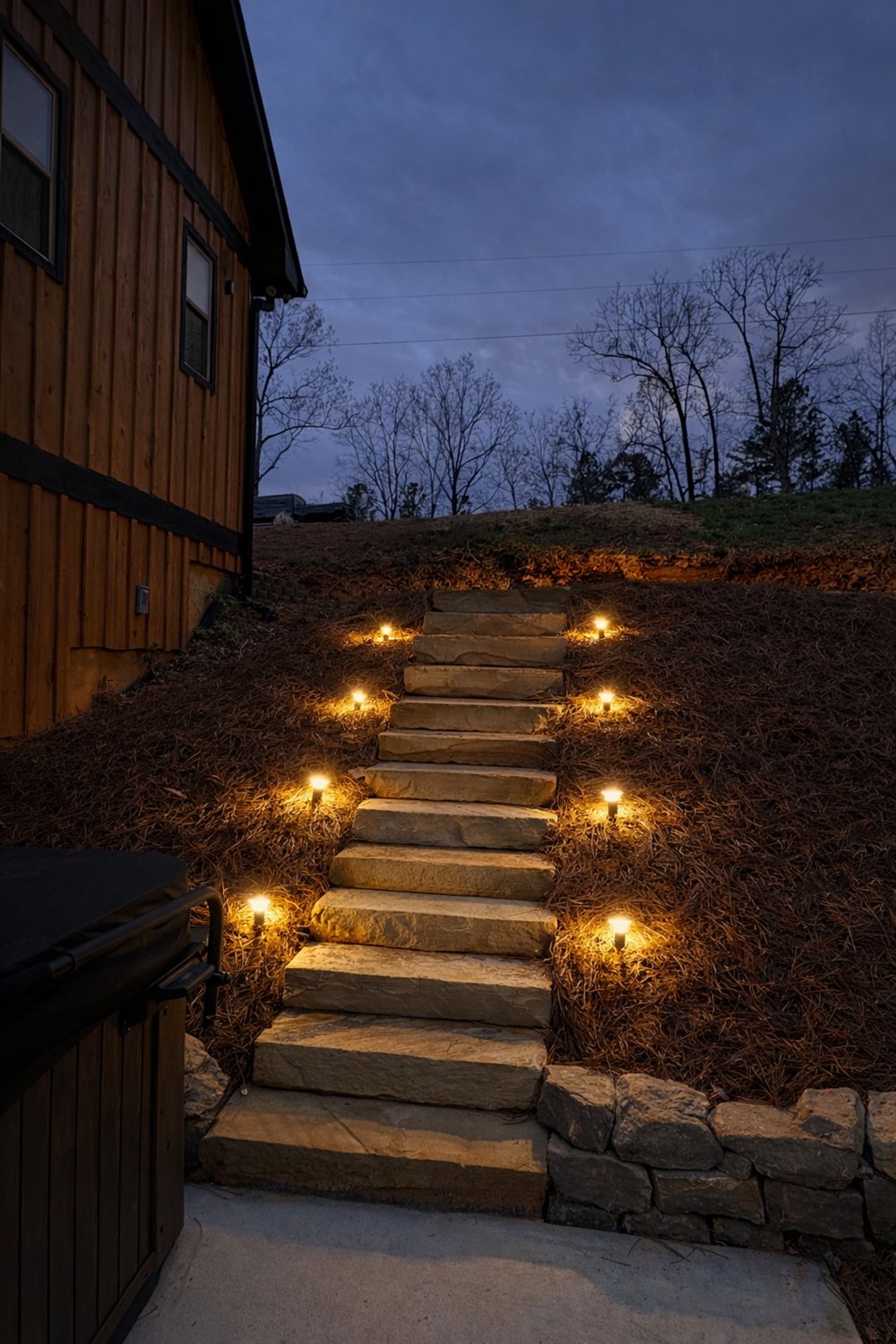 Illuminated stone steps leading up to the cabin