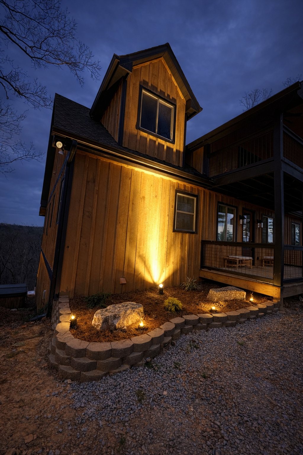 Cabin exterior at twilight with warm landscape lighting